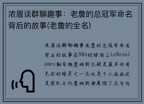 浓眉谈群聊趣事：老詹的总冠军命名背后的故事(老詹的全名)